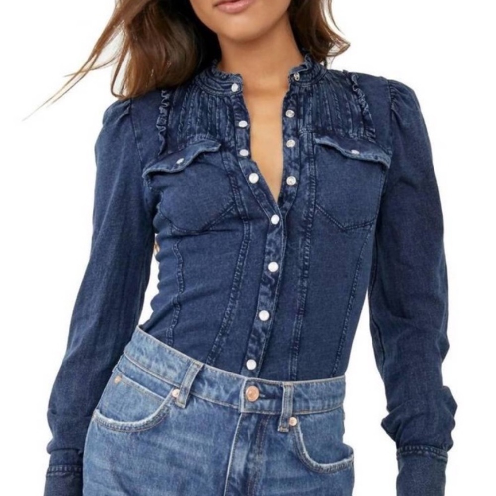 BOGO! Free People Going Somewhere Knit Dark Wash Indigo Blue Shirt XS